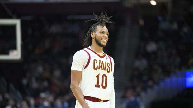 Jan 24, 2022; Cleveland, Ohio, USA; Cleveland Cavaliers guard Darius Garland (10) smiles in the fourth quarter at Rocket Mortgage FieldHouse. Mandatory Credit: David Richard-USA TODAY Sports